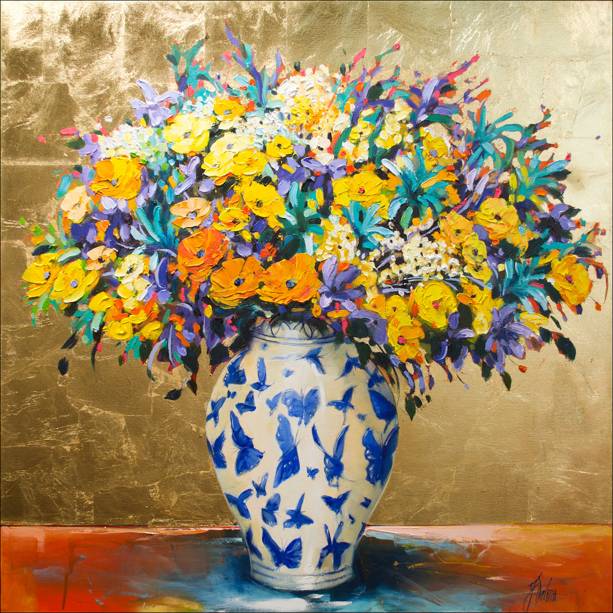 Floral Still Life "Irises and Blue Butterflies" Original Artwork by Judith Dalozzo