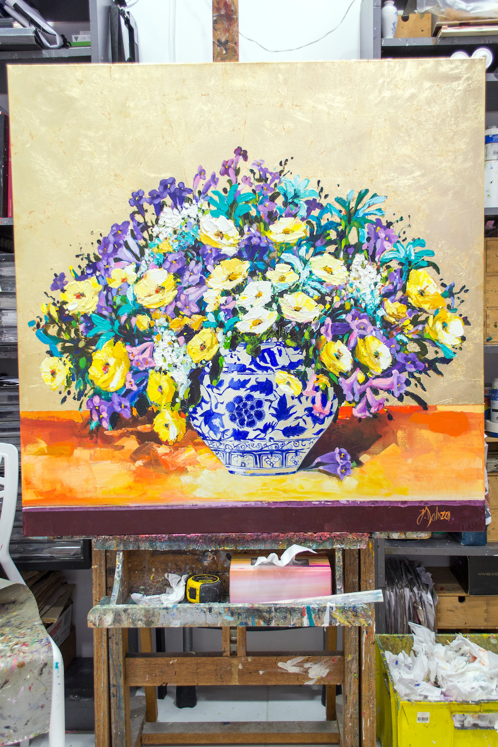 Art Studio Work On Original Still Life Painting "Jacarandas in Bloom" By Judith Dalozzo