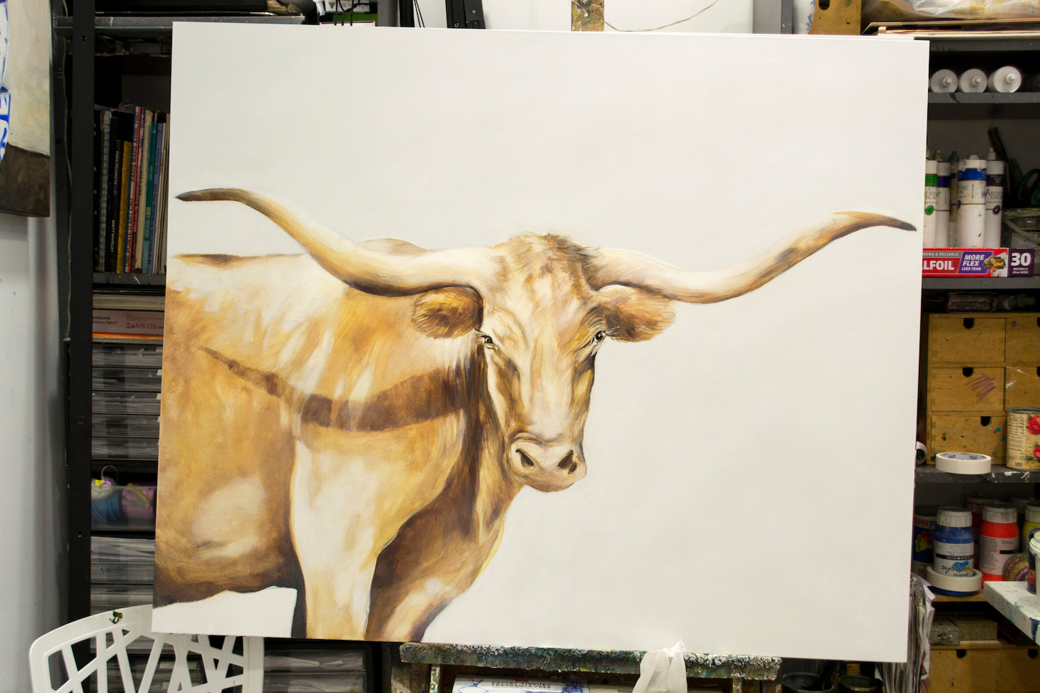 Art Studio Work On Original Animal Painting "Longhorn" By Judith Dalozzo