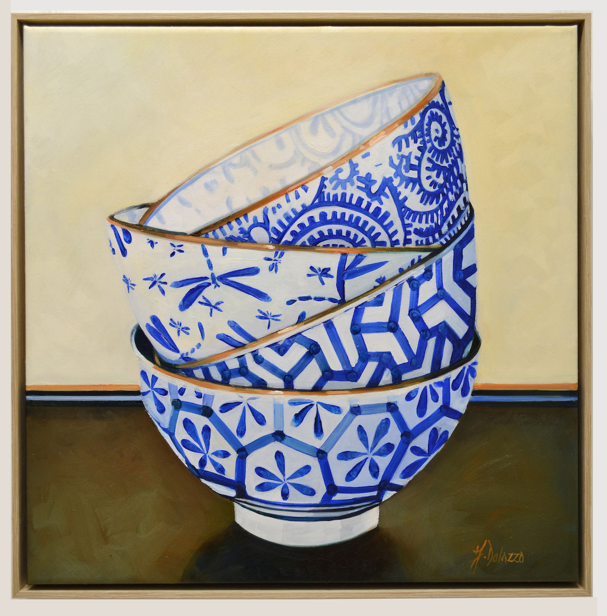 Framed Front View Of Still Life Painting "Monyou Bowls 3" By Judith Dalozzo