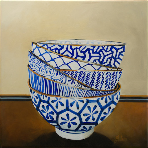 Porcelain Ceramics Still Life Painting "Monyou Bowls 4" by Judith Dalozzo