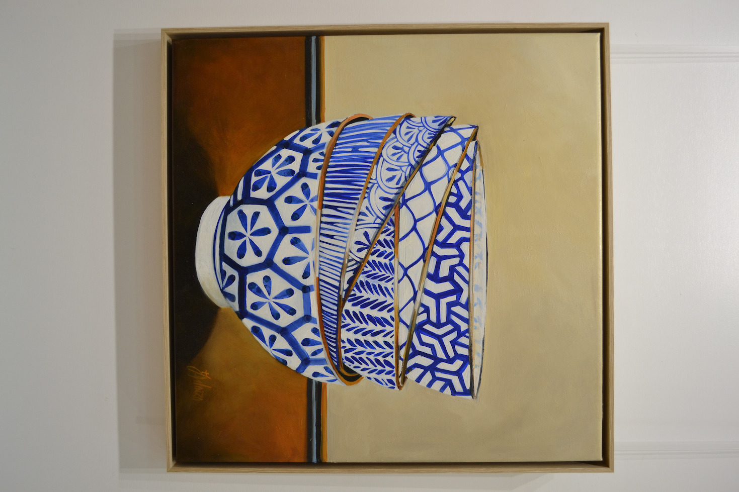 Framed Front View Of Still Life Painting "Monyou Bowls 4" By Judith Dalozzo