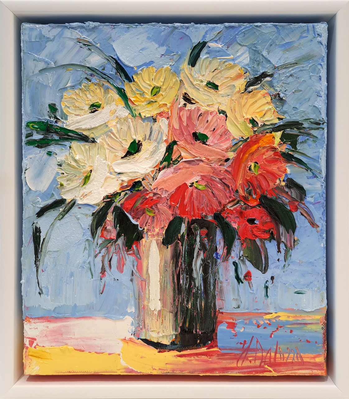 Framed Front View Of Still Life Painting "Moonlight Bouquet" By Judith Dalozzo