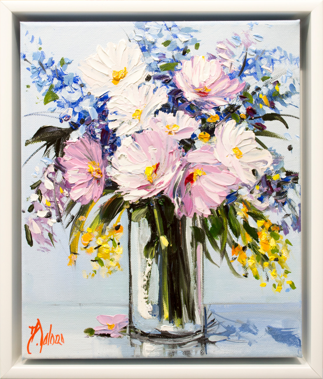 Framed Front View Of Still Life Painting "Morning Blues" By Judith Dalozzo