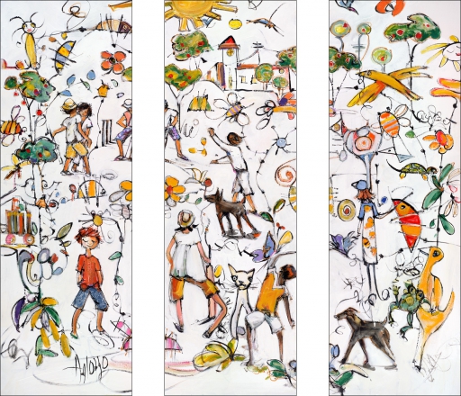Ainsi Va La Vie Figure "Neighbourhood Cricket" Triptych Original Artwork by Lucette Dalozzo