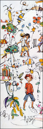 Ainsi Va La Vie Figure "Neighbourhood Cricket" Triptych Left Panel Original Artwork by Lucette Dalozzo