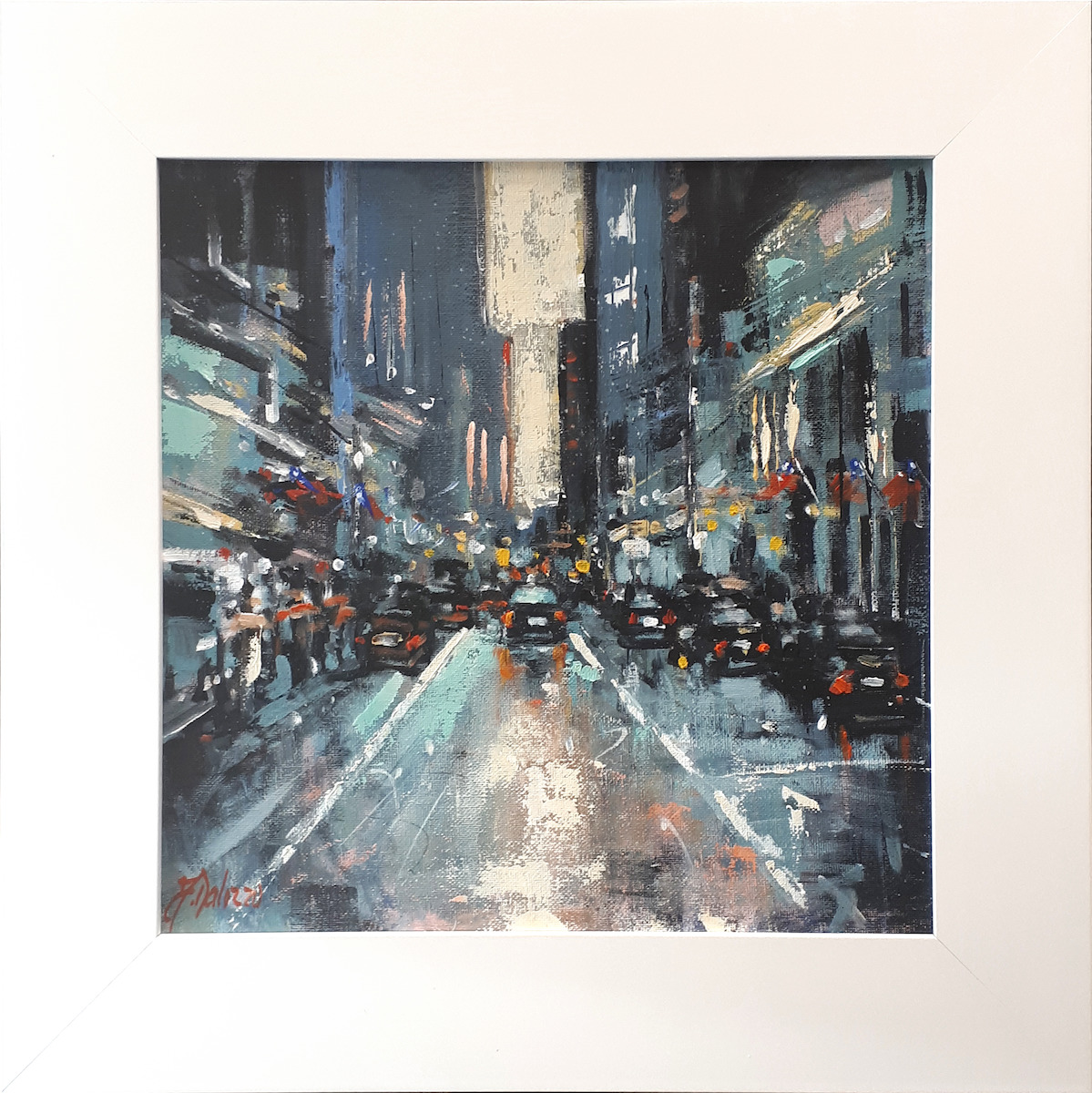 Framed Front View Of Cityscape Painting "New York Reflection" By Judith Dalozzo