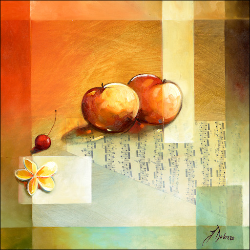 Lamina Still Life "One Cherry and Two Peaches" Original Artwork by Judith Dalozzo
