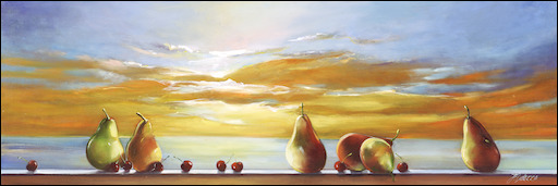 Still Life Canvas Print "Pears and Cherries at Sunset" by Judith Dalozzo