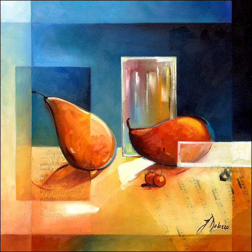 Lamina Still Life Canvas Print "Pears and Transparent Vases" by Judith Dalozzo