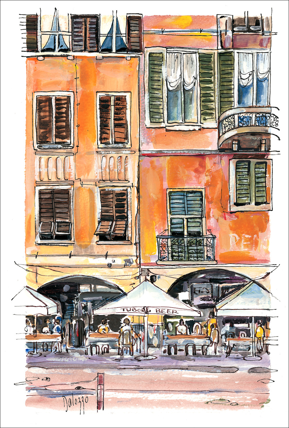 Italy Cityscape "Pensione Rosy Late Afternoon" Original Artwork by Lucette Dalozzo