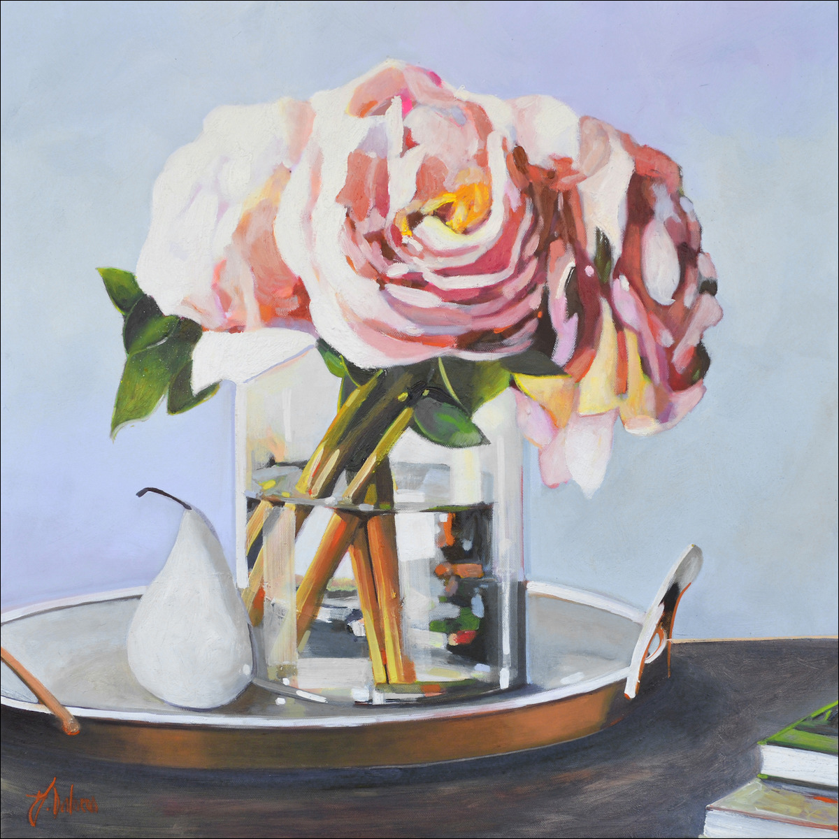 Floral Still Life "Peonies with Decorative Pear" Original Artwork by Judith Dalozzo