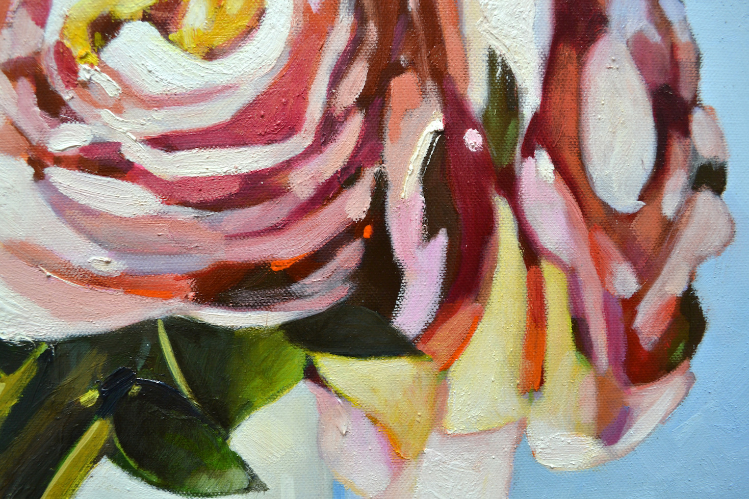 Close Up Detail Of Oil Painting "Peonies with Decorative Pear" By Judith Dalozzo