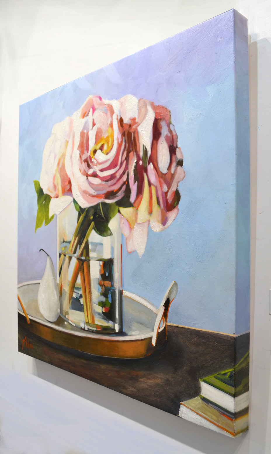 Side View Of Still Life Painting "Peonies with Decorative Pear" By Judith Dalozzo