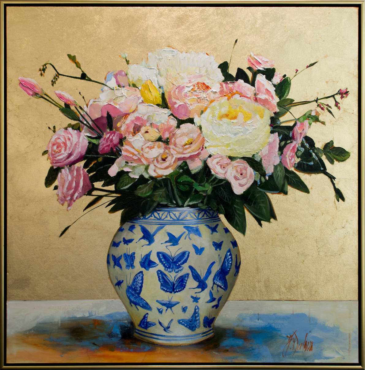 Framed Front View Of Still Life Painting "Pink Melody" By Judith Dalozzo