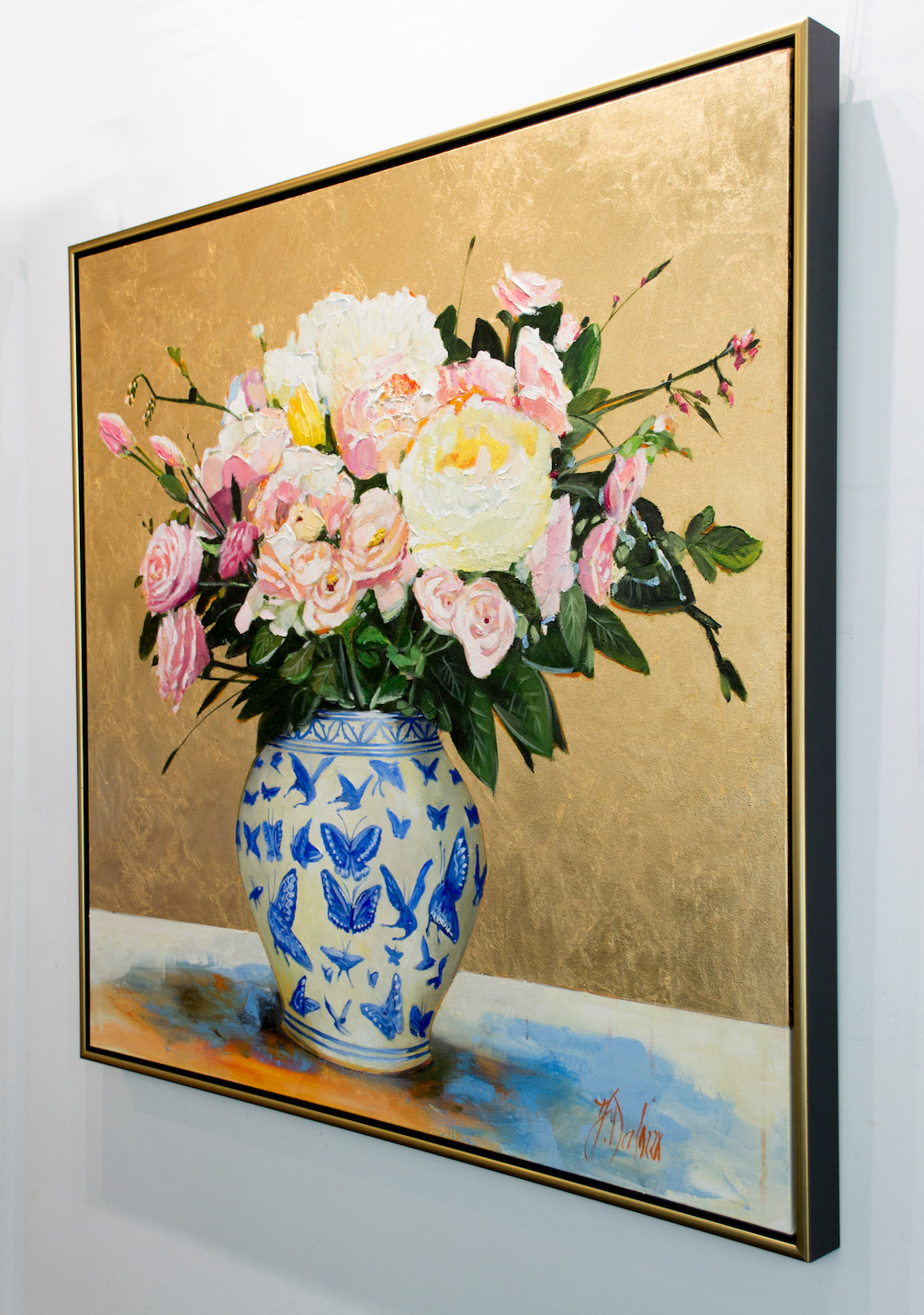 Framed Side View Of Still Life Painting "Pink Melody" By Judith Dalozzo