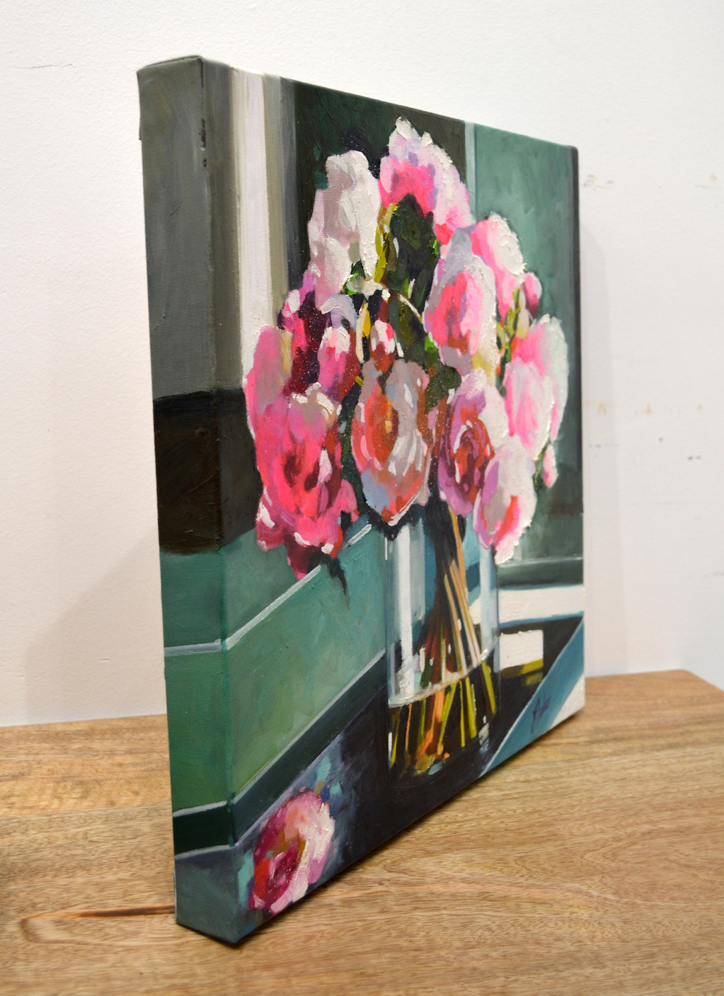 Side View Of Still Life Painting "Pink Peonies" By Judith Dalozzo