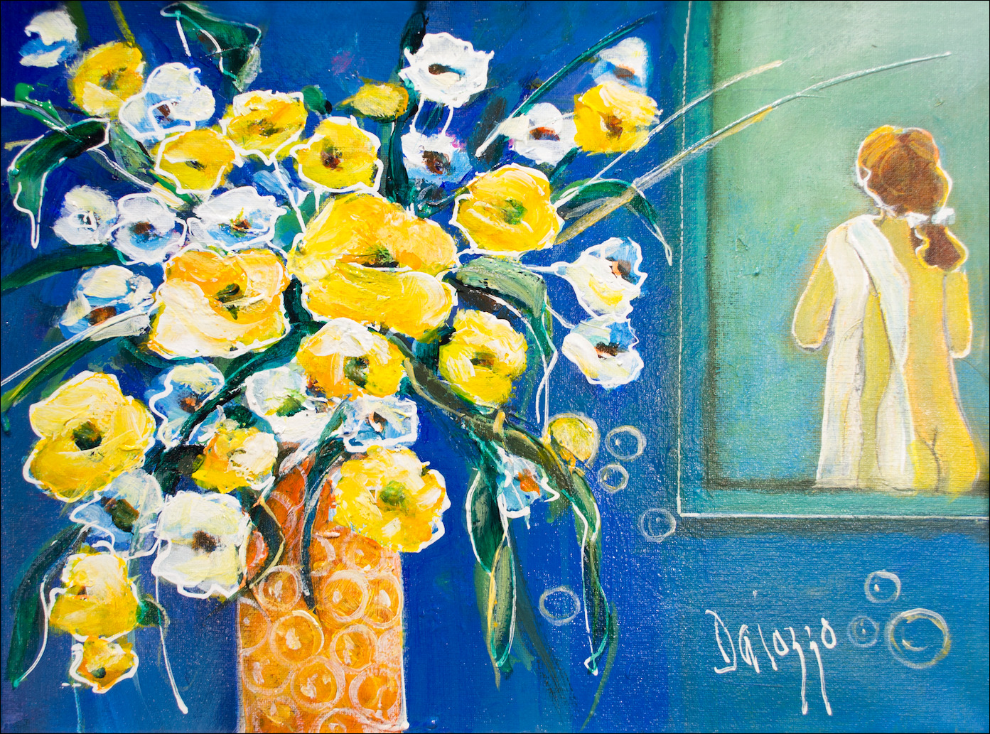 Floral Still Life "A Pop of Yellow" Original Artwork by Lucette Dalozzo