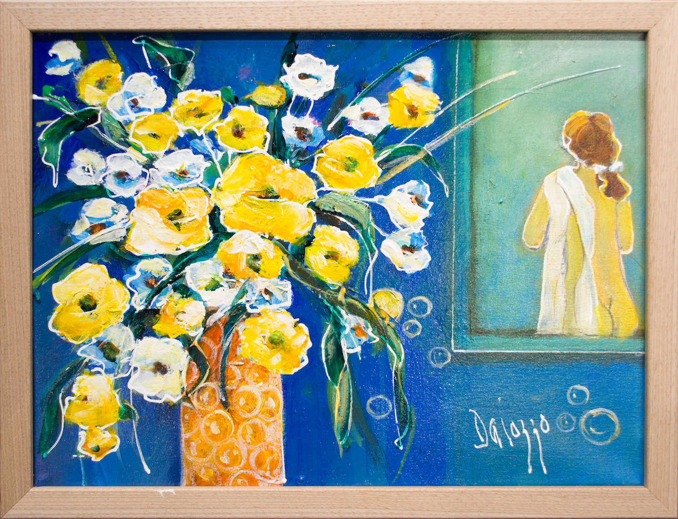 Framed Front View Of Still Life Painting "A Pop of Yellow" By Lucette Dalozzo