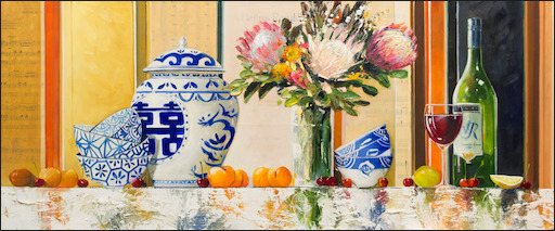 Symphony Still Life "Proteas and Ginger Jar Celebration" Original Artwork by Judith Dalozzo