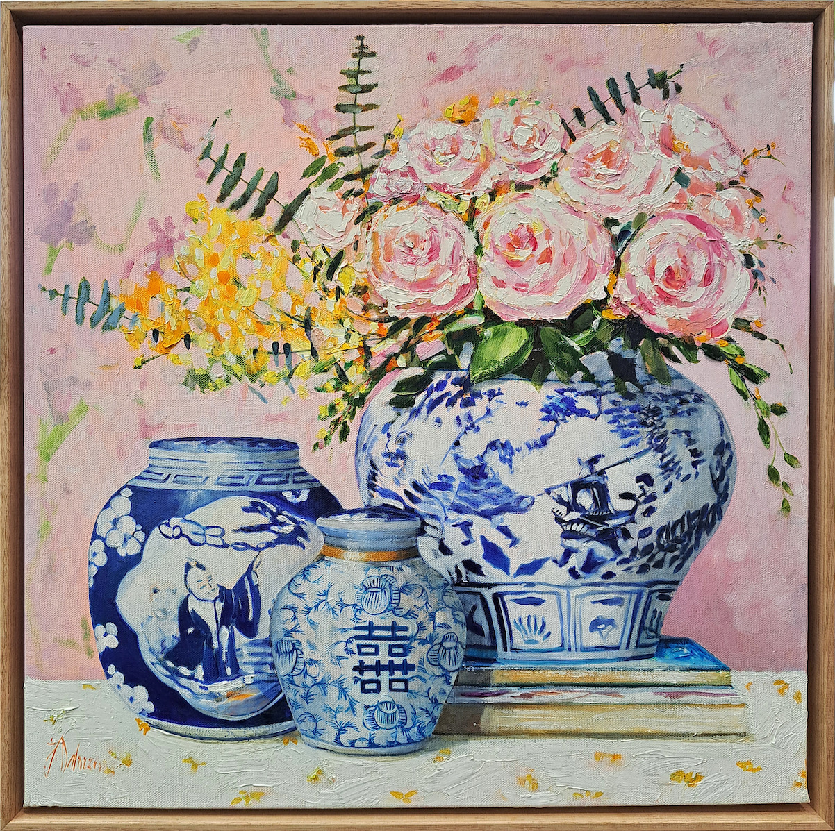 Framed Front View Of Still Life Painting "Pure Joy" By Judith Dalozzo