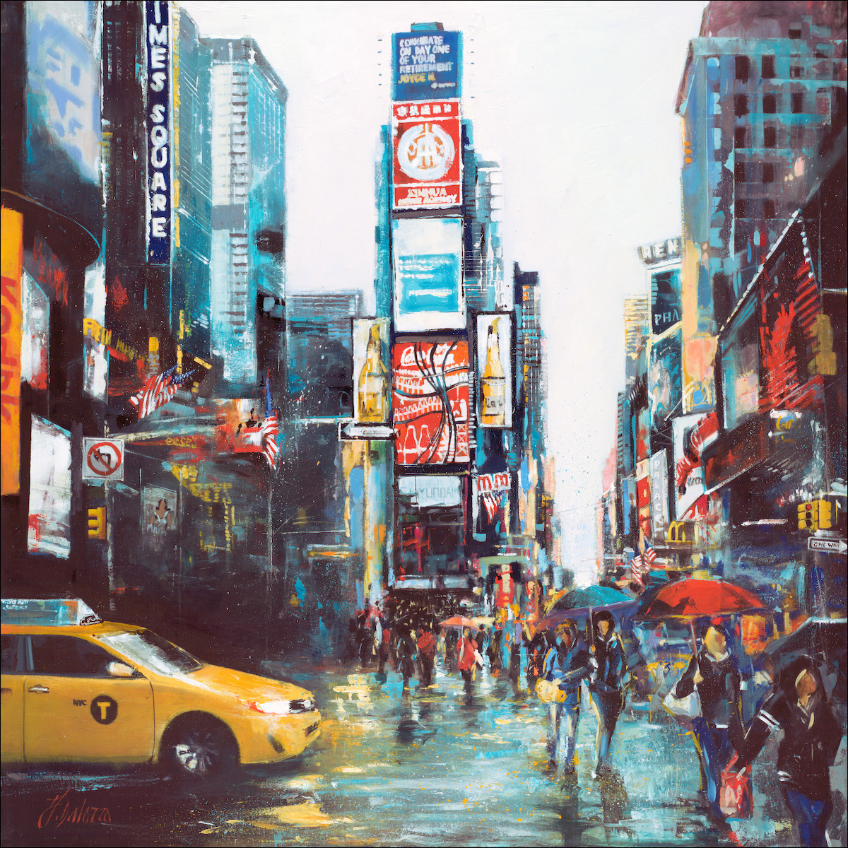 New York Cityscape "Rainy Day in Time Square" Original Artwork by Judith Dalozzo