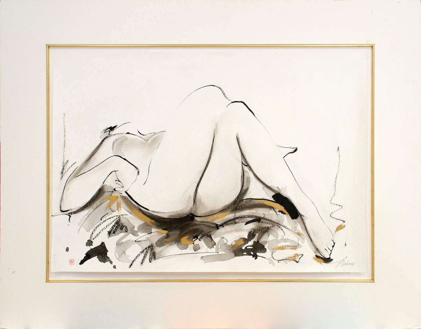 Matted View Of Nude Drawing "Relaxing on The Weekend" By Judith Dalozzo