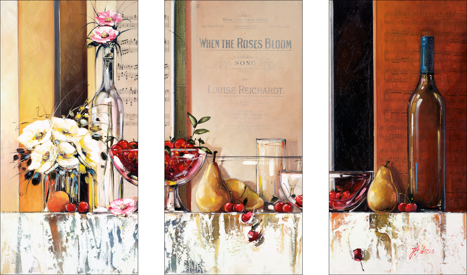 Symphony Still Life "When The Roses Bloom" Triptych Original Artwork by Judith Dalozzo
