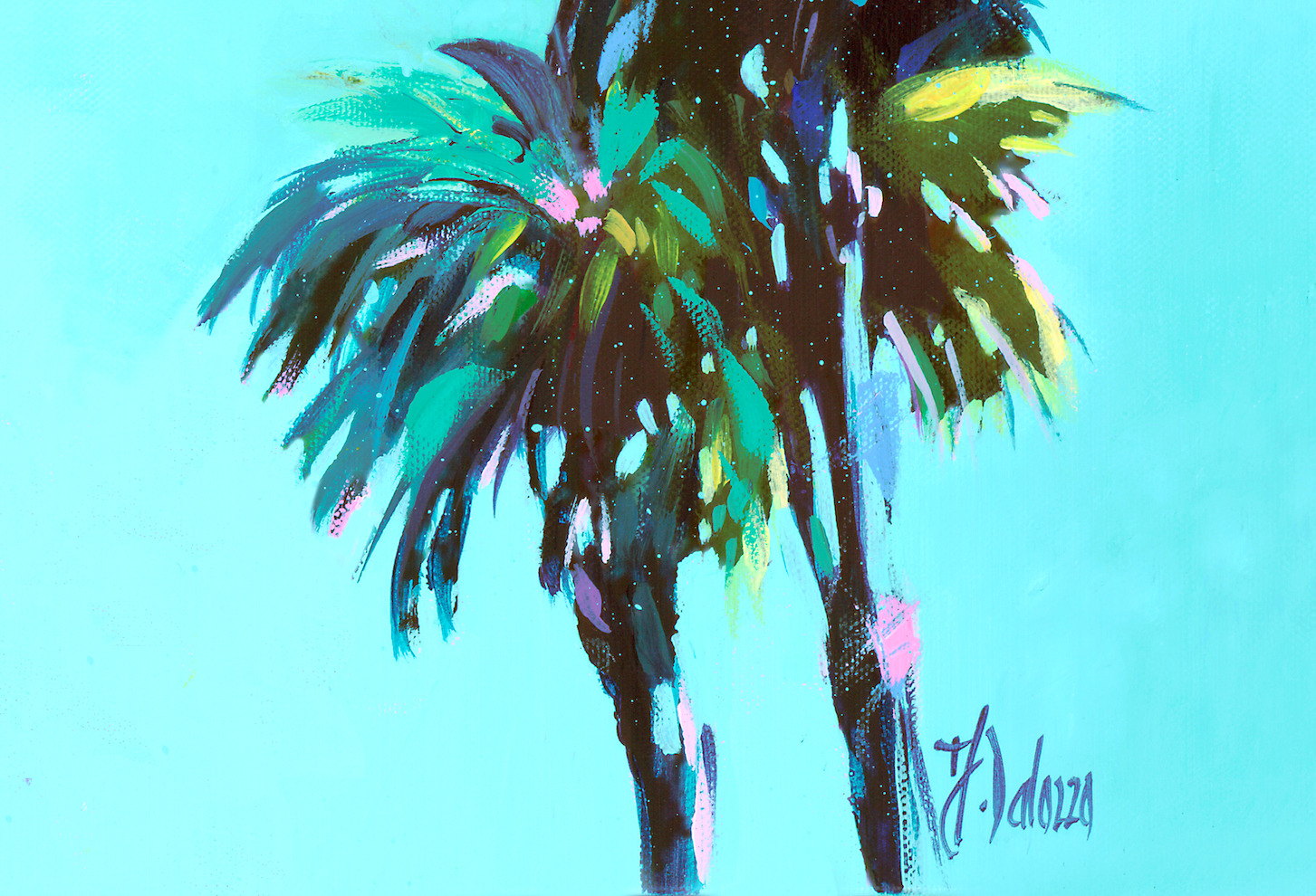 Close Up Signature Of Acrylic Painting "Sanctuary Palms Azure" By Judith Dalozzo