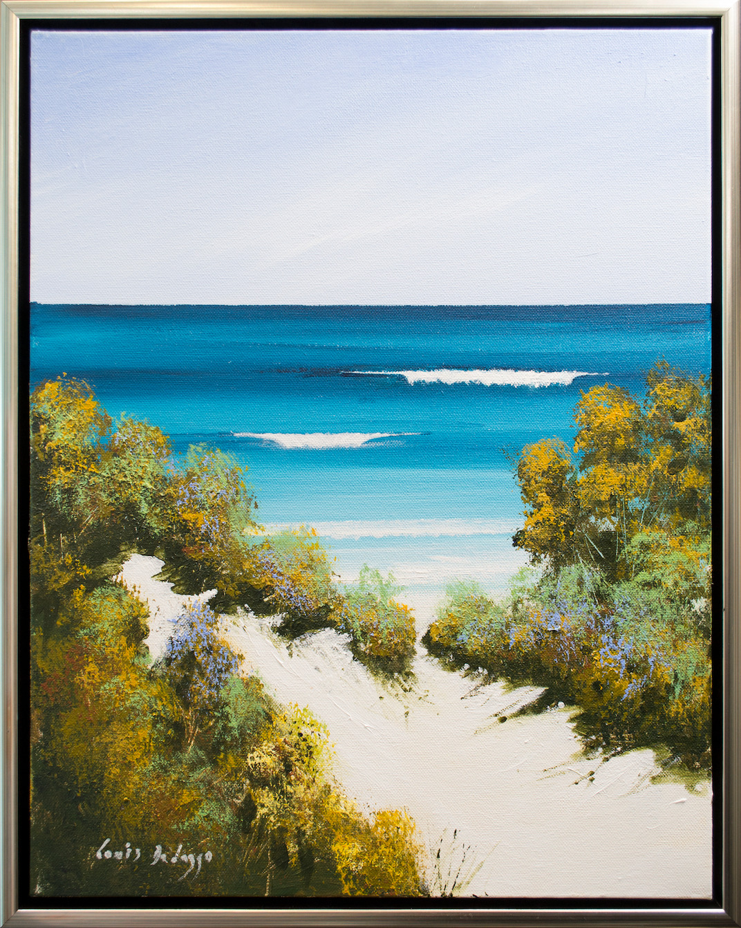 Framed Front View Of Seascape Painting "Through The Sand Dunes" By Louis Dalozzo