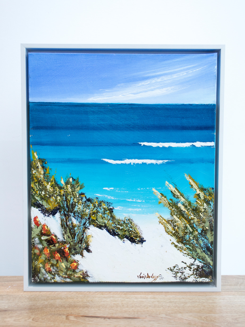 Framed Front View Of Seascape Painting "Sand Dunes Fraser" By Louis Dalozzo