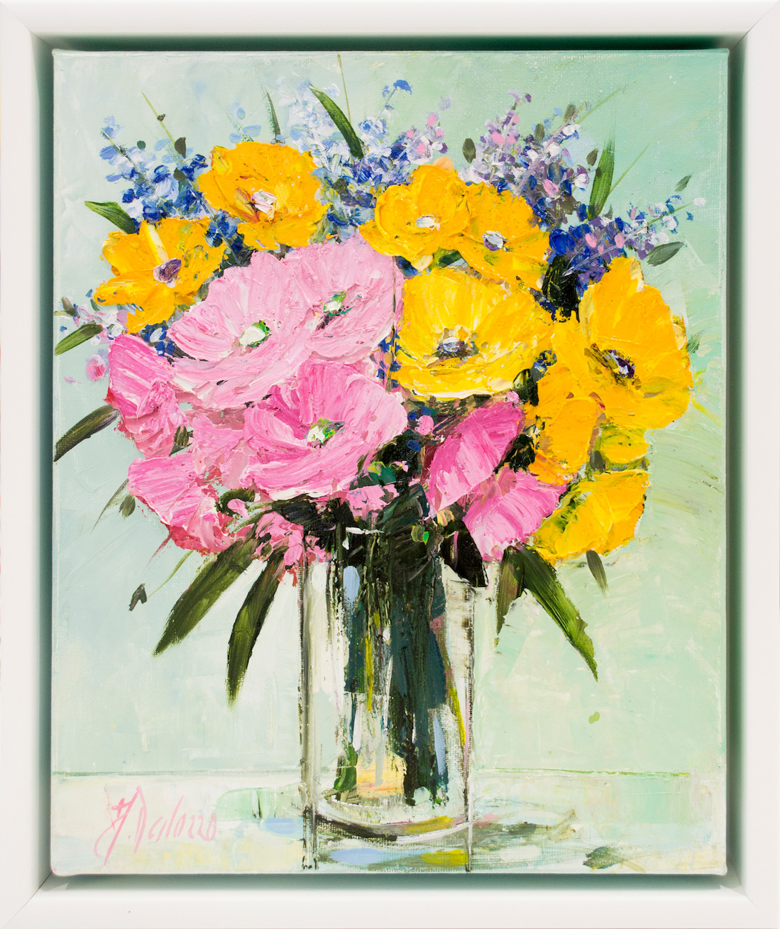 Framed Front View Of Still Life Painting "Splash of Blossom" By Judith Dalozzo