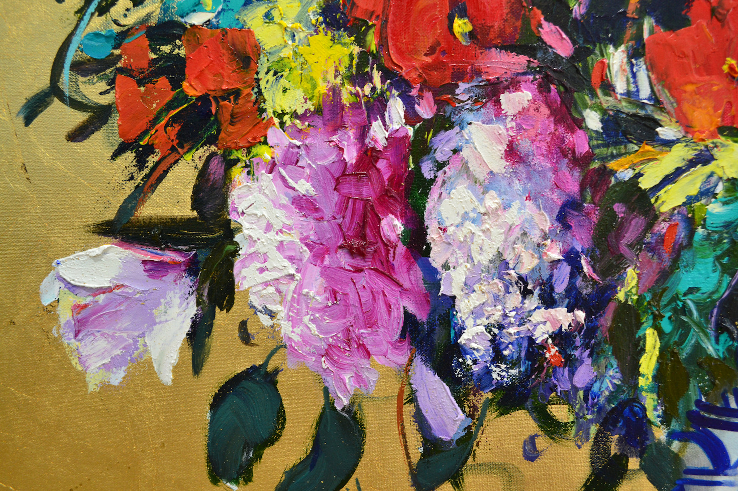 Close Up Detail 1 Of Oil And Gold Leaf Painting "Springtime Butterfly Bouquet" By Judith Dalozzo