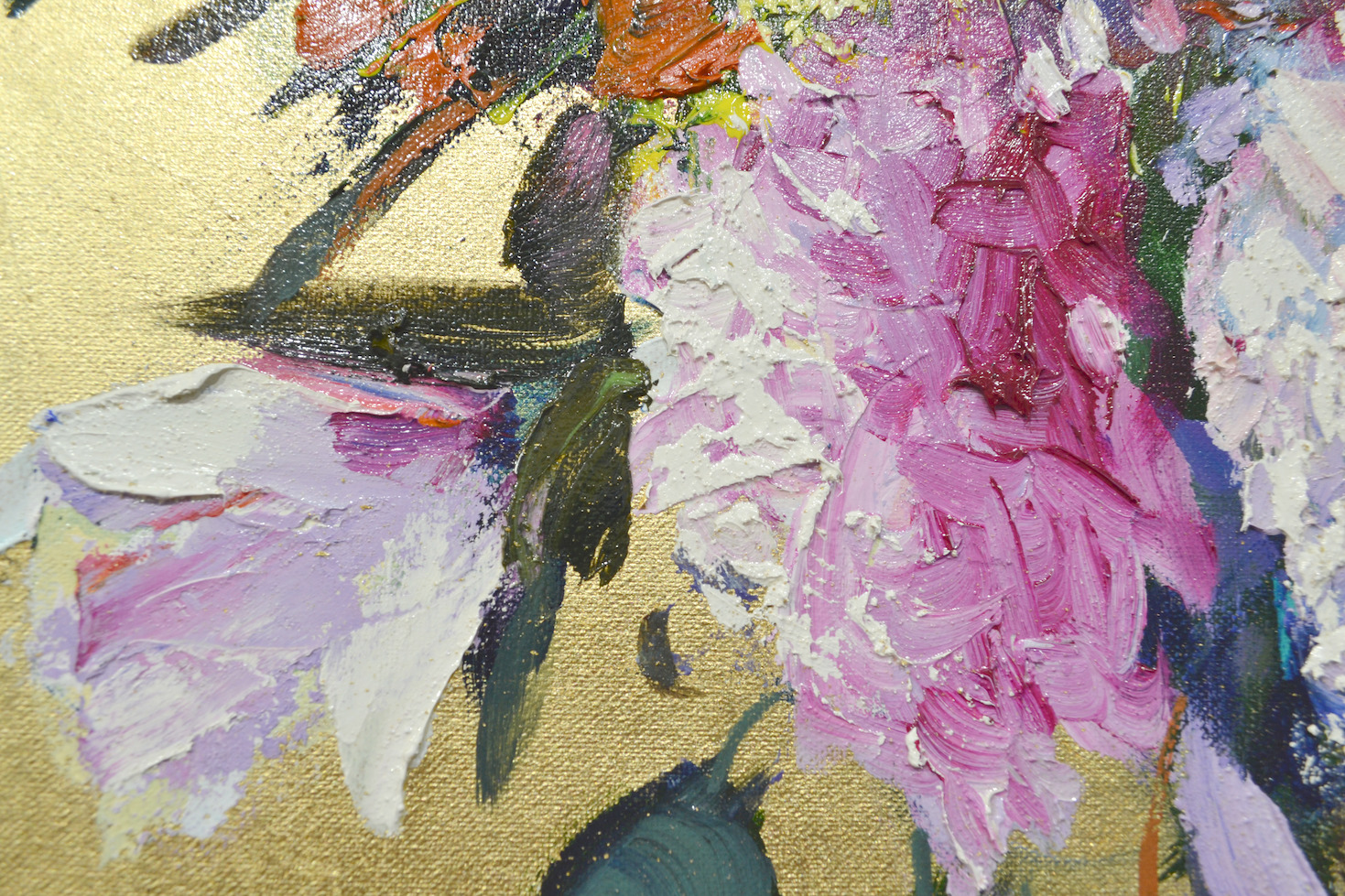 Close Up Detail 3 Of Oil And Gold Leaf Painting "Springtime Butterfly Bouquet" By Judith Dalozzo