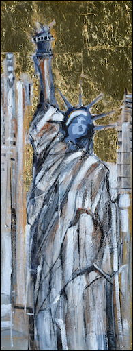 New York Cityscape "Statue of Liberty Gold" Original Artwork by Lucette Dalozzo