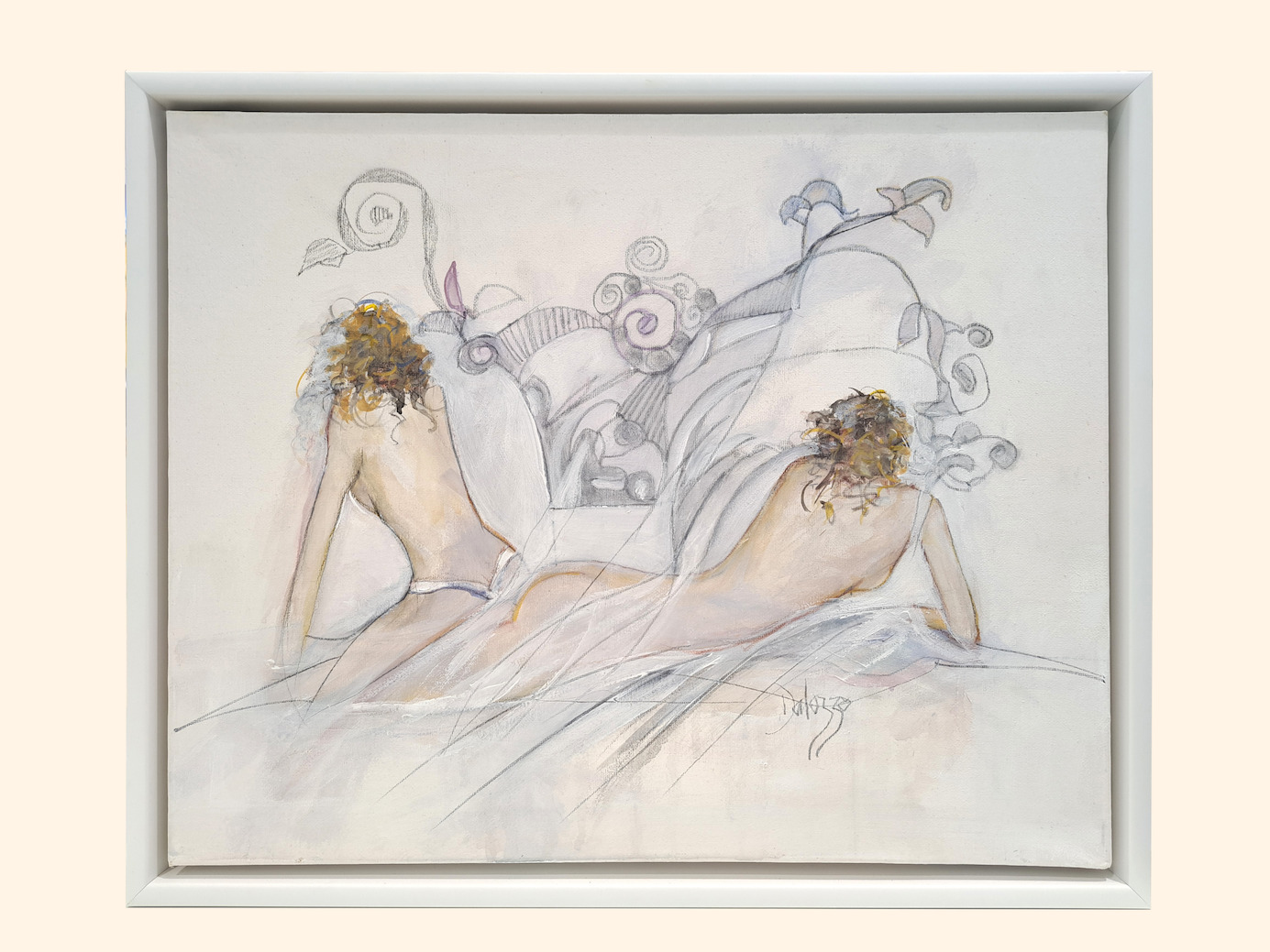 Framed Front View Of Nude Painting "Sun Bathers" By Lucette Dalozzo