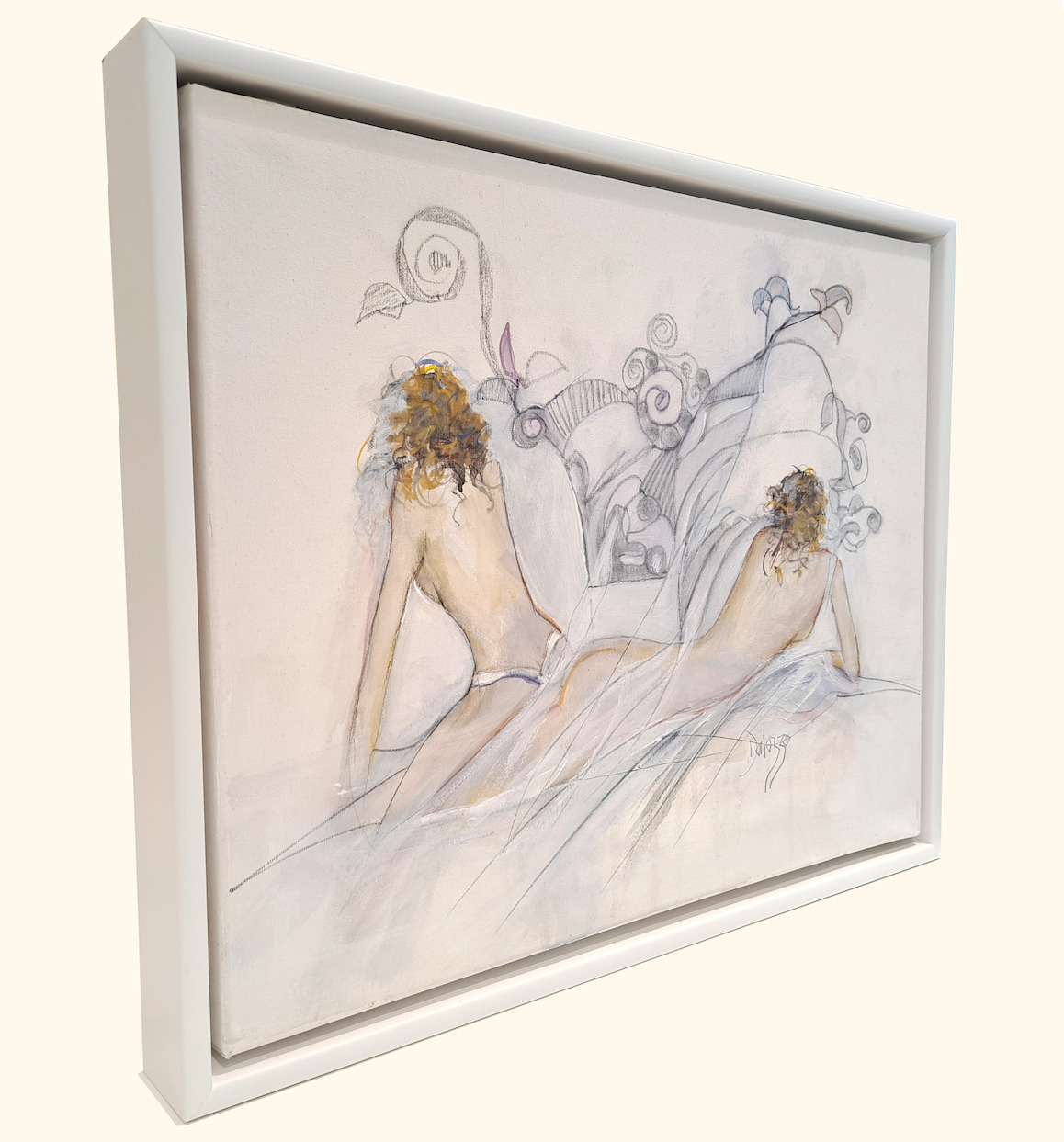 Framed Side View Of Nude Painting "Sun Bathers" By Lucette Dalozzo