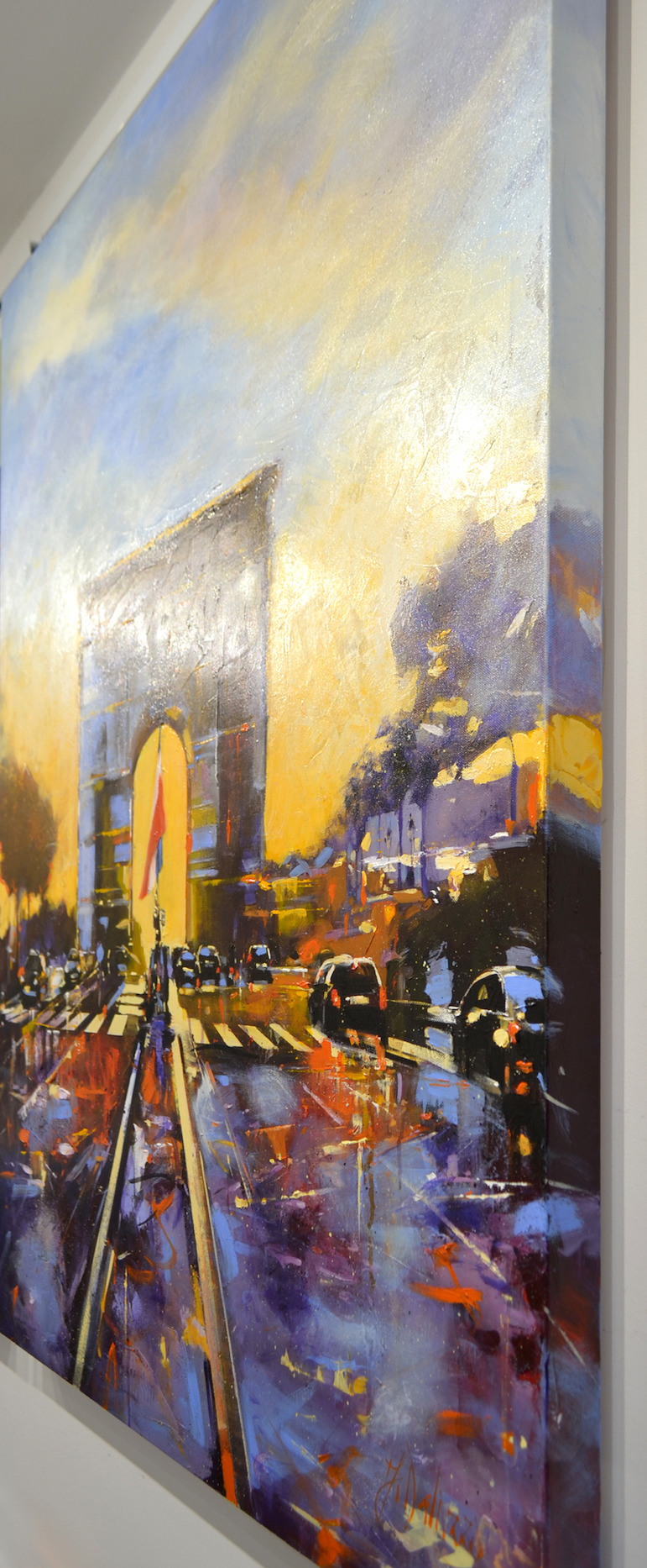 Side View Of Cityscape Painting "Sunset Under The Arc De Triomphe" By Judith Dalozzo