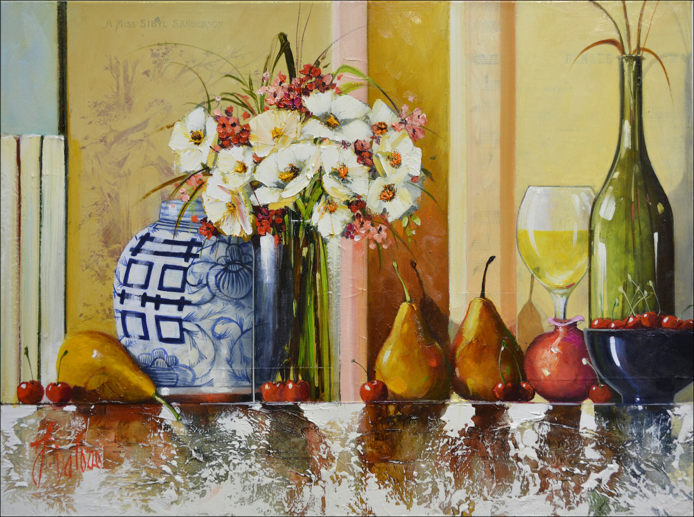 Symphony Still Life "Three Pears and a Glass of Chardonnay" Original Artwork by Judith Dalozzo
