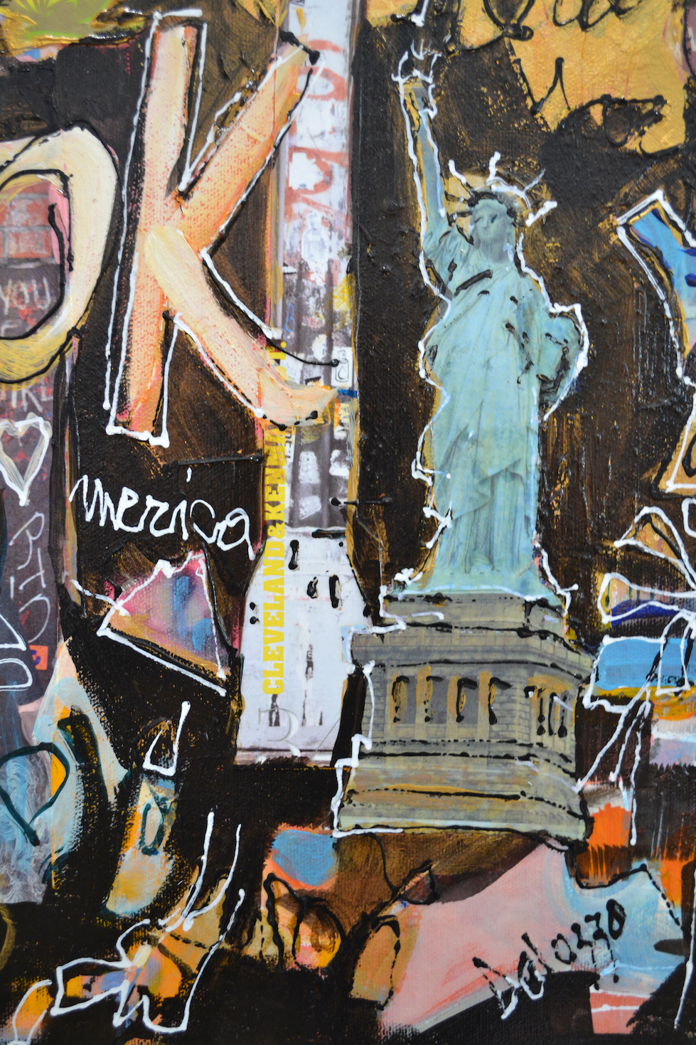 Close Up Detail Of Acrylic And Collage Painting "My Time New York City" By Lucette Dalozzo