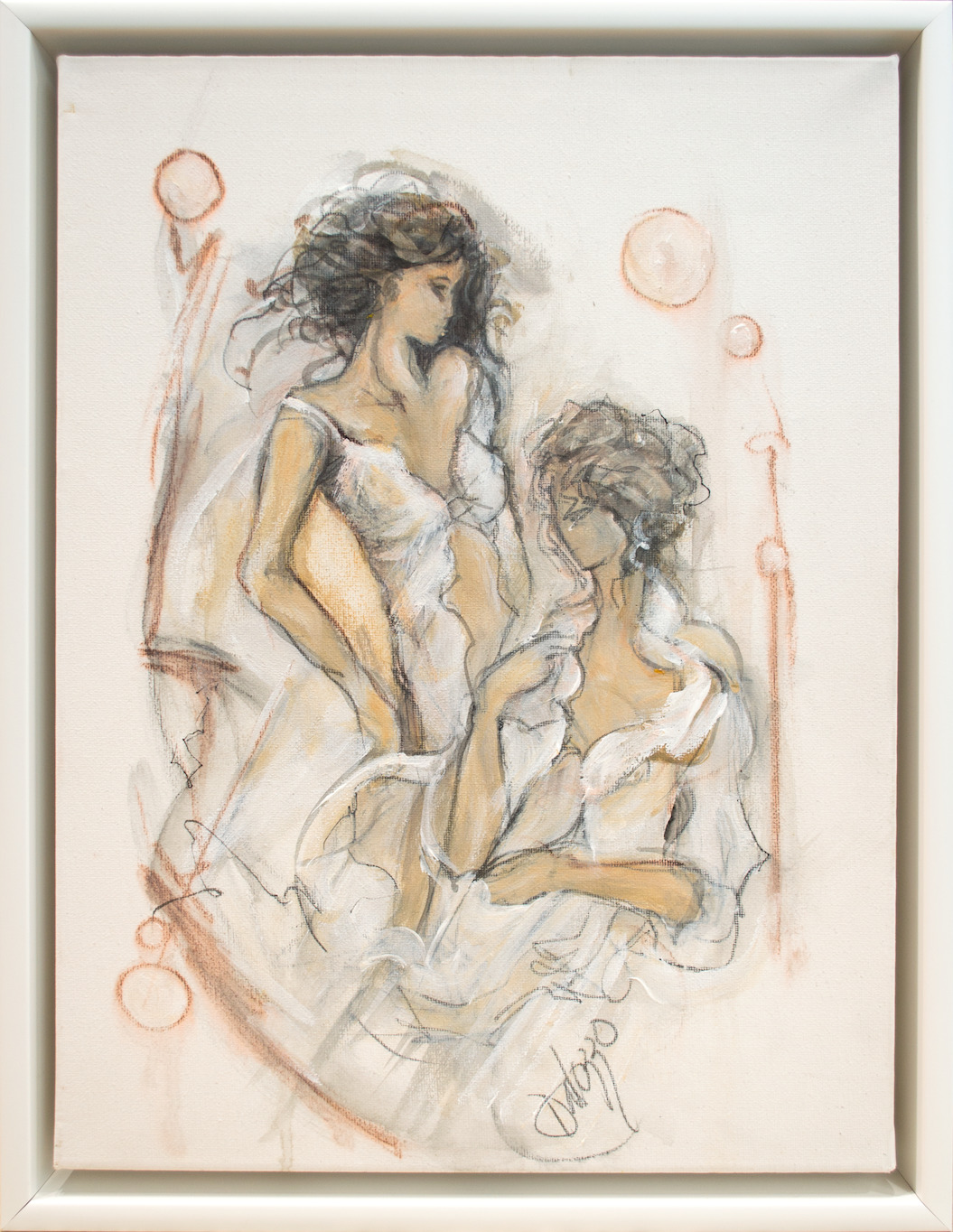 Framed Front View Of Nude Painting "Two Friends" By Lucette Dalozzo